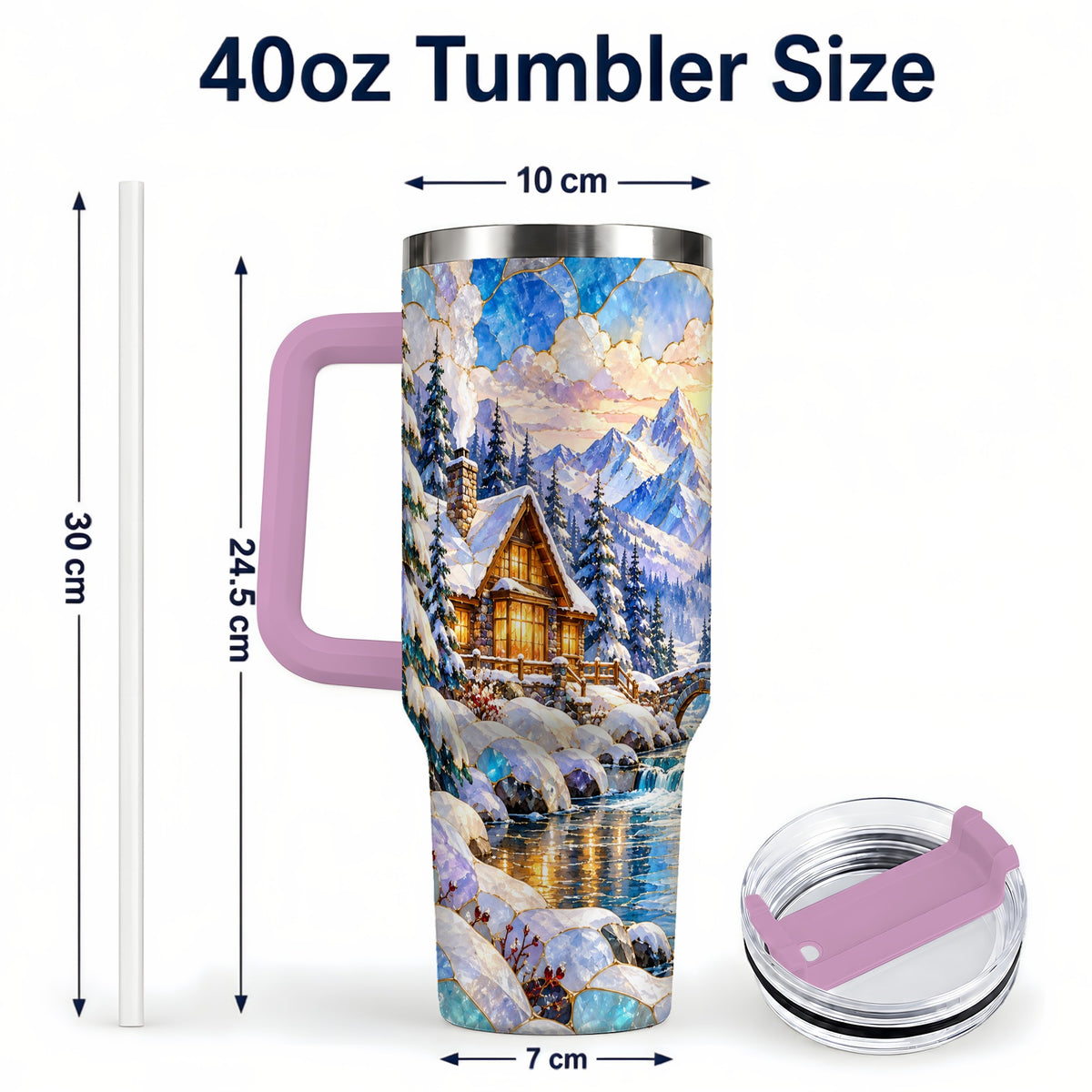 #pl[40oz|Pink] Snowy Cabin 40oz Tumbler, Winter Scene Tumbler, Steel Travel Cup