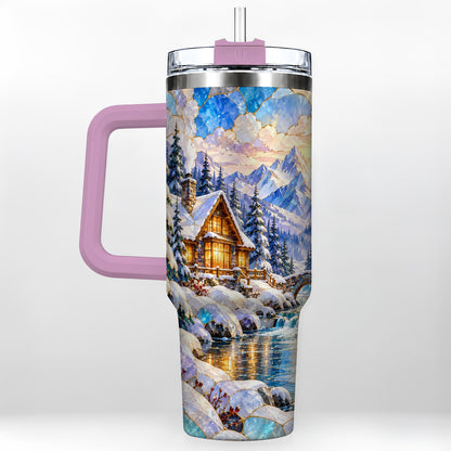 #pl[40oz|Pink] Snowy Cabin 40oz Tumbler, Winter Scene Tumbler, Steel Travel Cup