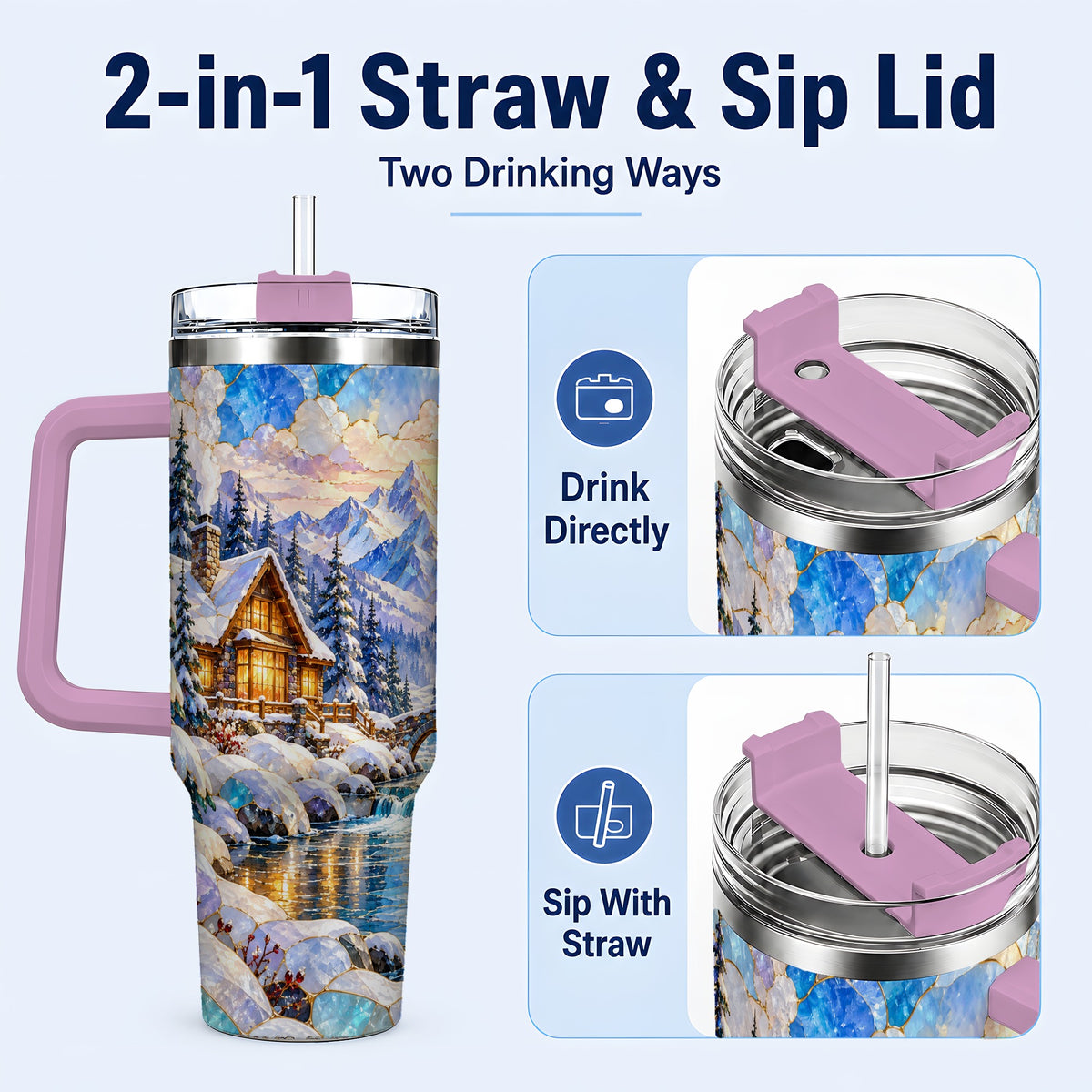 #pl[40oz|Pink] Snowy Cabin 40oz Tumbler, Winter Scene Tumbler, Steel Travel Cup