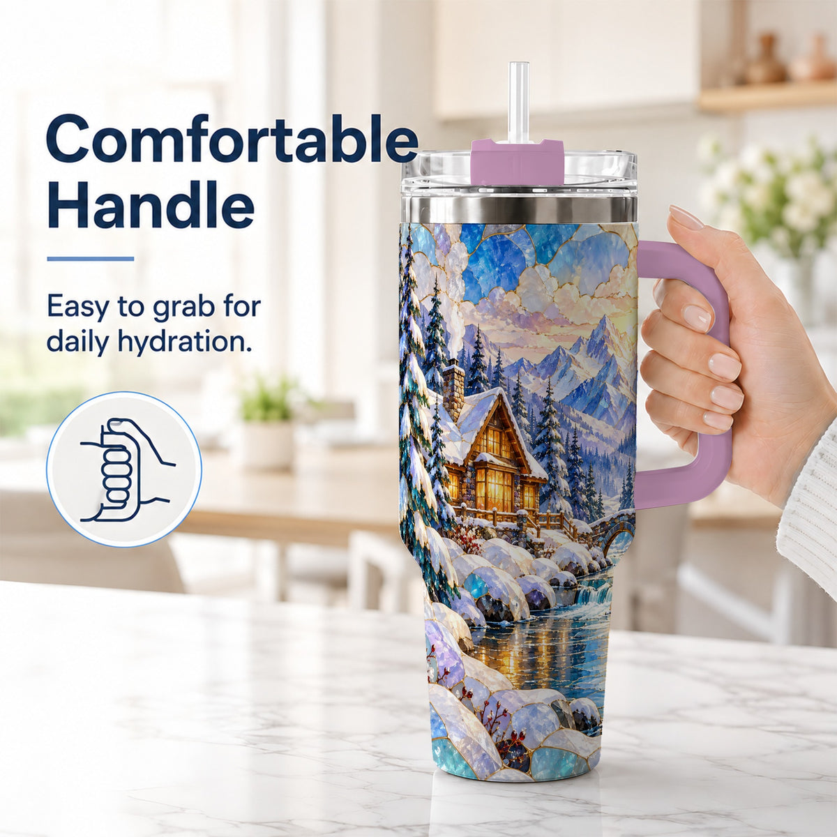 #pl[40oz|Pink] Snowy Cabin 40oz Tumbler, Winter Scene Tumbler, Steel Travel Cup