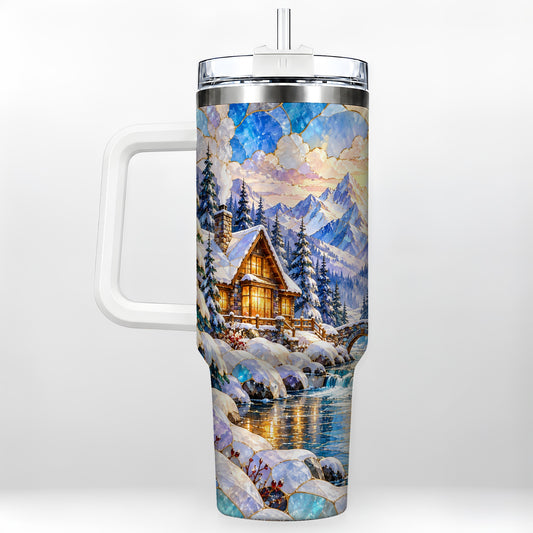 Snowy Cabin 40oz Tumbler, Winter Scene Tumbler, Steel Travel Cup