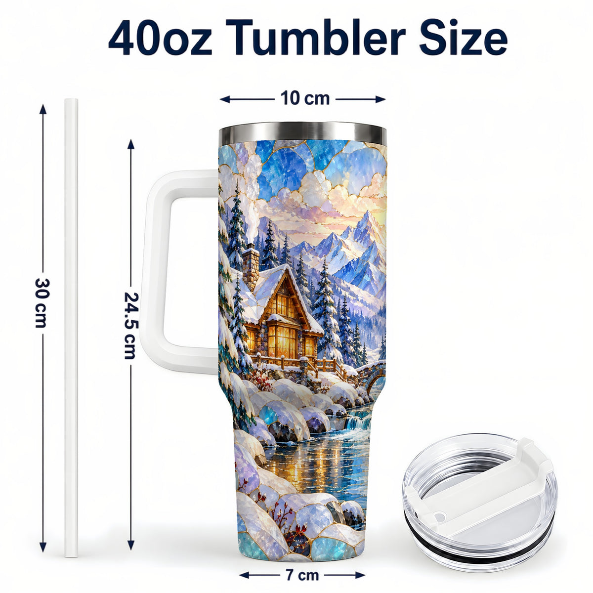 #pl[40oz|White] Snowy Cabin 40oz Tumbler, Winter Scene Tumbler, Steel Travel Cup