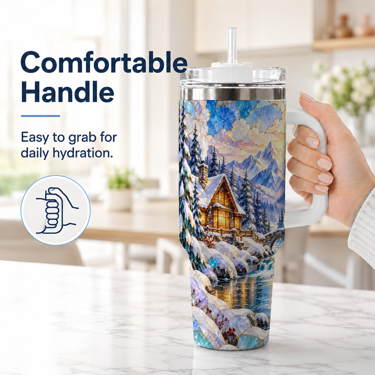 #pl[40oz|White] Snowy Cabin 40oz Tumbler, Winter Scene Tumbler, Steel Travel Cup
