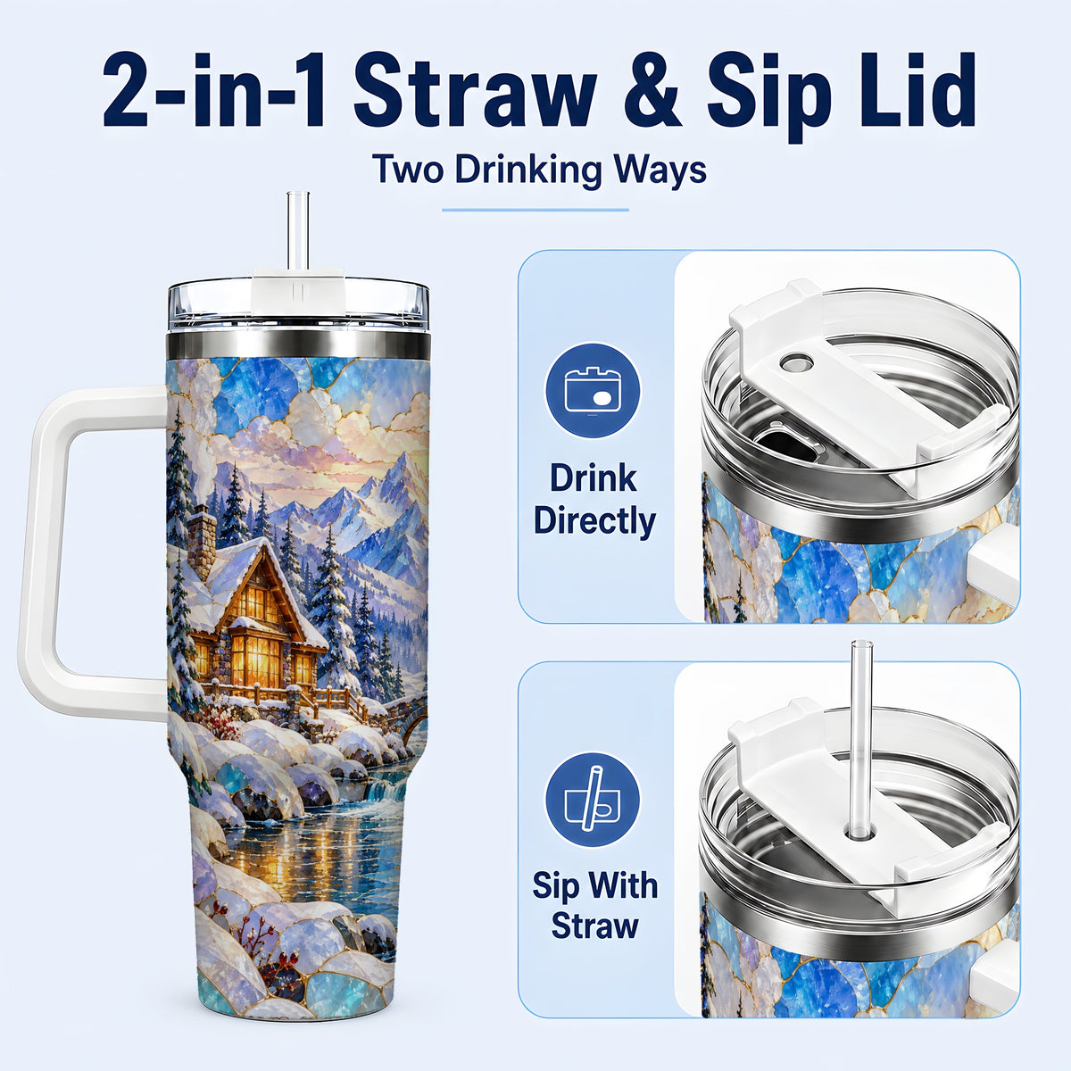 #pl[40oz|White] Snowy Cabin 40oz Tumbler, Winter Scene Tumbler, Steel Travel Cup