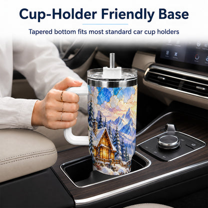 Snowy Cabin 40oz Tumbler, Winter Scene Tumbler, Steel Travel Cup