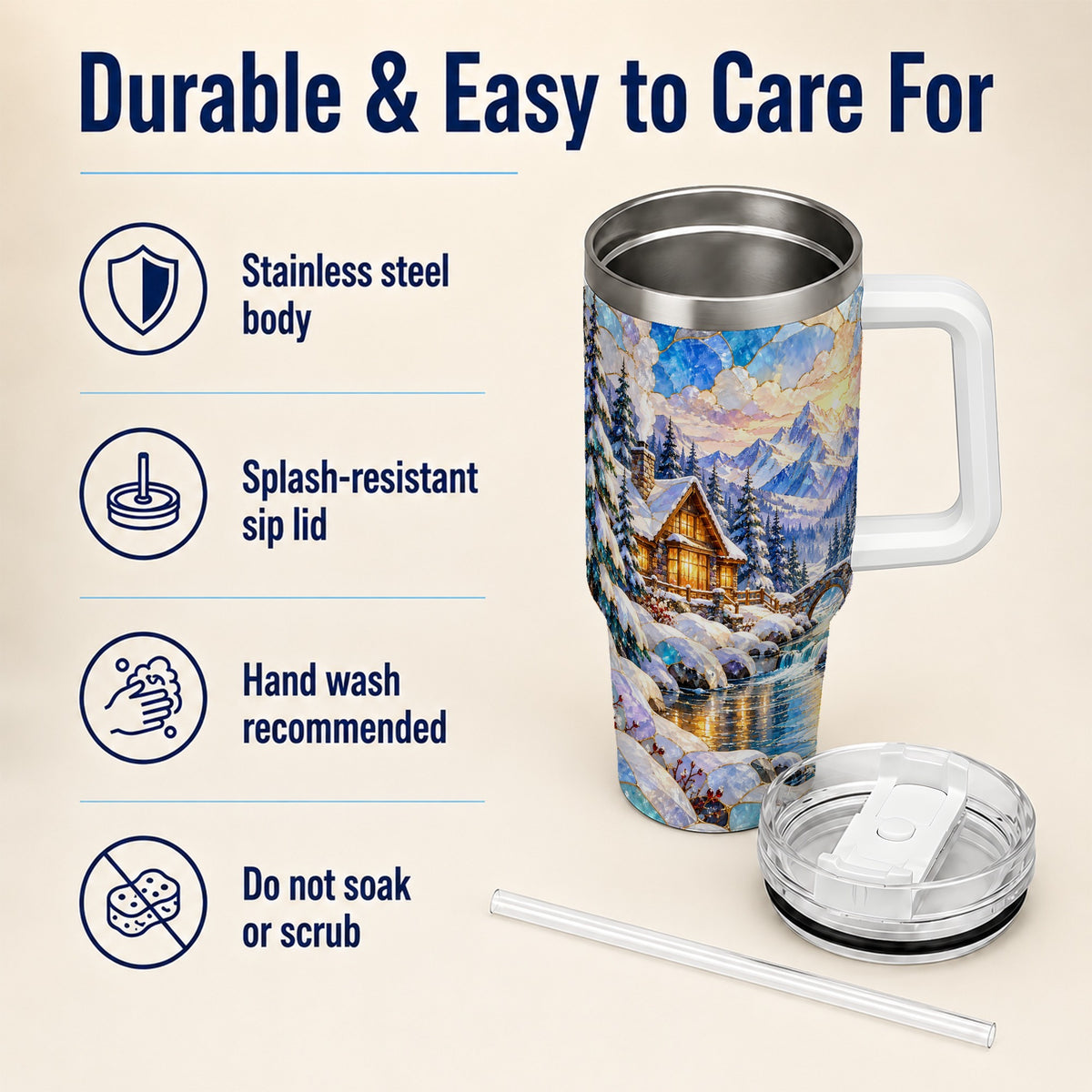 Snowy Cabin 40oz Tumbler, Winter Scene Tumbler, Steel Travel Cup
