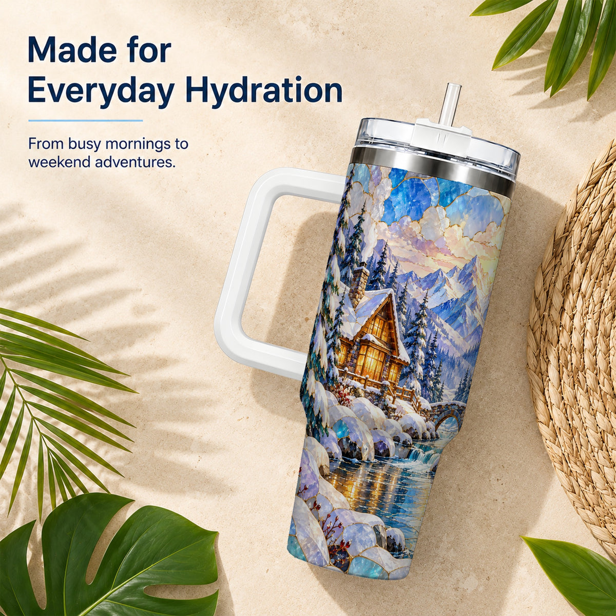 Snowy Cabin 40oz Tumbler, Winter Scene Tumbler, Steel Travel Cup