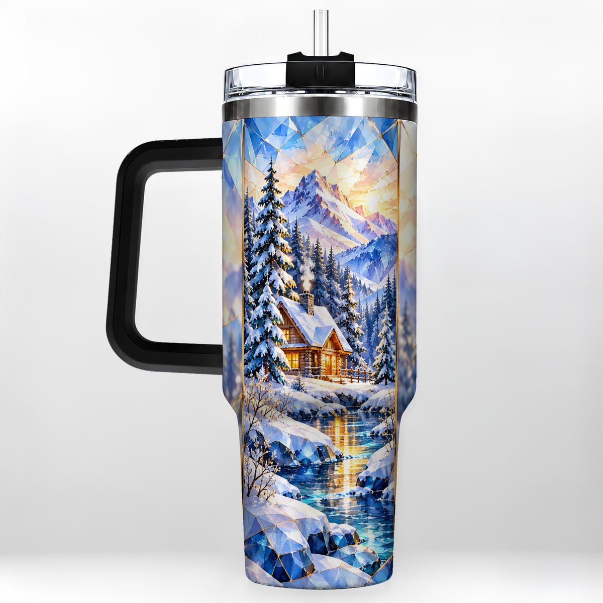 #pl[40oz|Black] Crystal Cabin 40oz Tumbler, Mountain Scene Tumbler, Steel Travel Cup