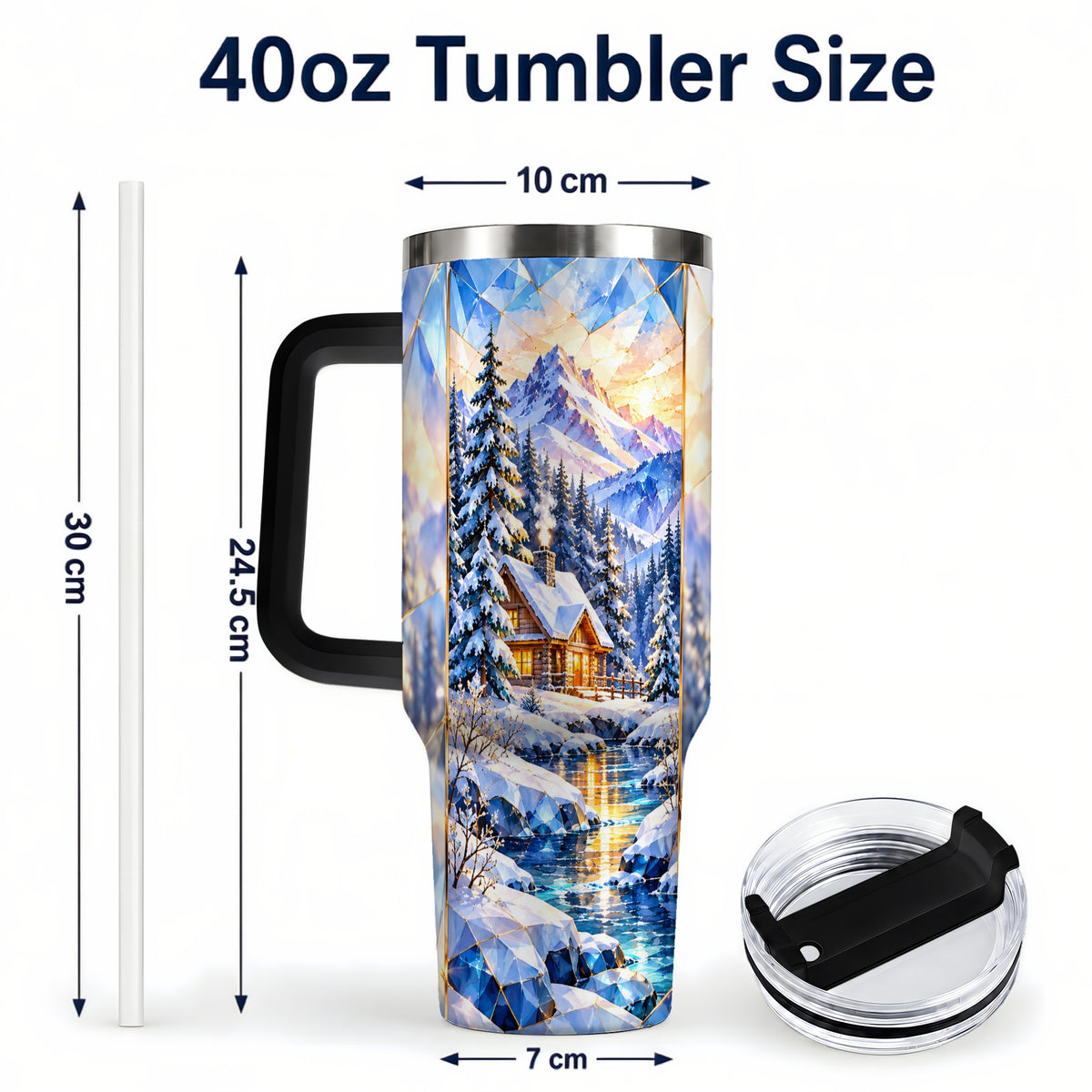 #pl[40oz|Black] Crystal Cabin 40oz Tumbler, Mountain Scene Tumbler, Steel Travel Cup