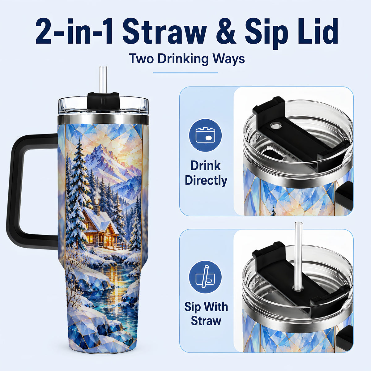 #pl[40oz|Black] Crystal Cabin 40oz Tumbler, Mountain Scene Tumbler, Steel Travel Cup