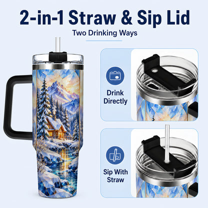 #pl[40oz|Black] Crystal Cabin 40oz Tumbler, Mountain Scene Tumbler, Steel Travel Cup