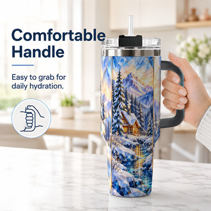 #pl[40oz|Black] Crystal Cabin 40oz Tumbler, Mountain Scene Tumbler, Steel Travel Cup