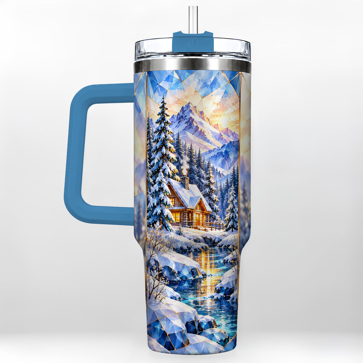 #pl[40oz|Blue] Crystal Cabin 40oz Tumbler, Mountain Scene Tumbler, Steel Travel Cup