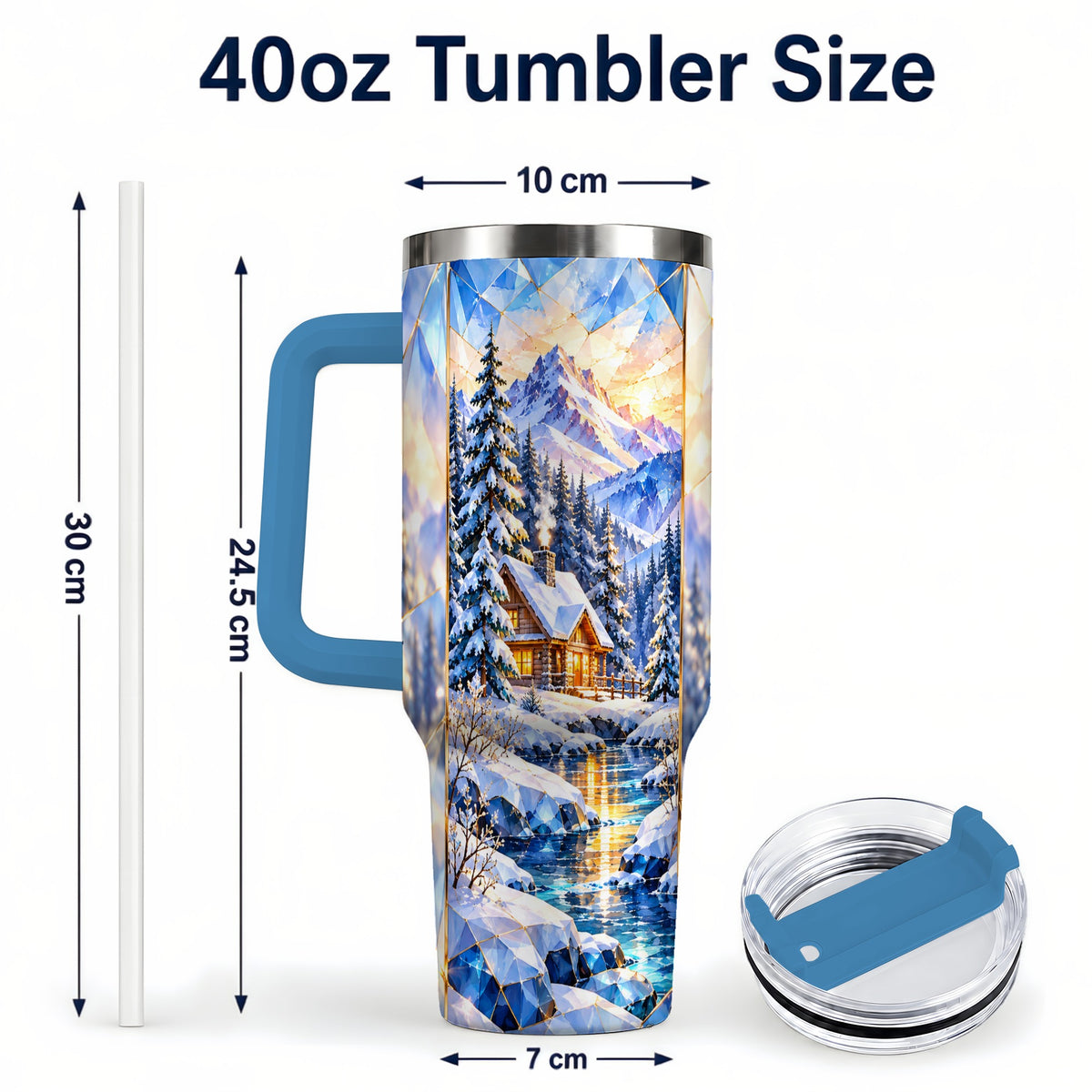 #pl[40oz|Blue] Crystal Cabin 40oz Tumbler, Mountain Scene Tumbler, Steel Travel Cup