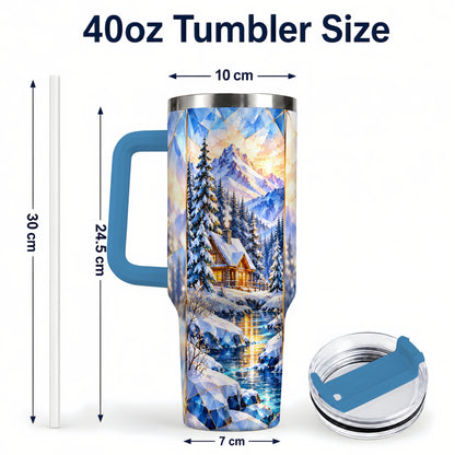 #pl[40oz|Blue] Crystal Cabin 40oz Tumbler, Mountain Scene Tumbler, Steel Travel Cup