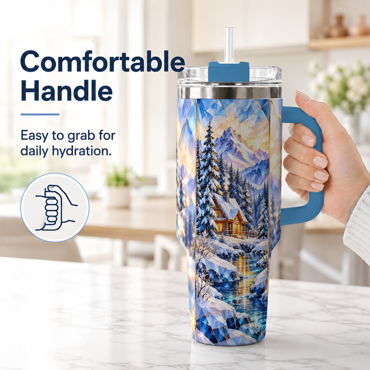 #pl[40oz|Blue] Crystal Cabin 40oz Tumbler, Mountain Scene Tumbler, Steel Travel Cup