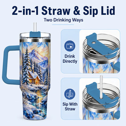 #pl[40oz|Blue] Crystal Cabin 40oz Tumbler, Mountain Scene Tumbler, Steel Travel Cup