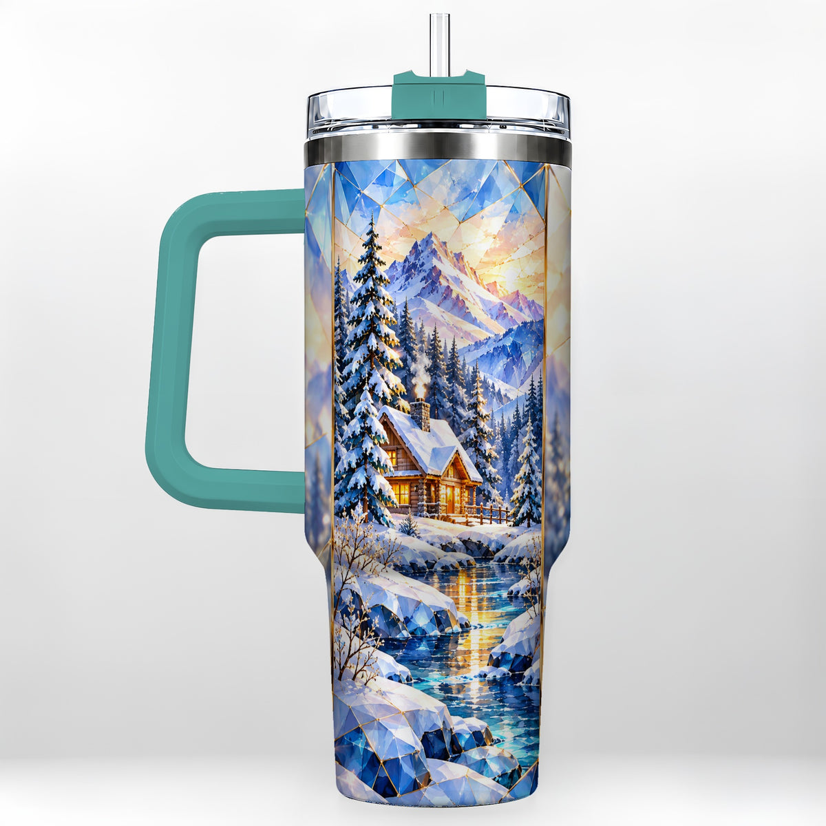 #pl[40oz|Green] Crystal Cabin 40oz Tumbler, Mountain Scene Tumbler, Steel Travel Cup
