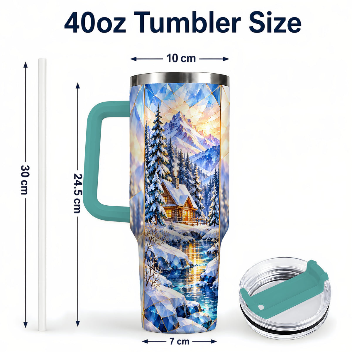 #pl[40oz|Green] Crystal Cabin 40oz Tumbler, Mountain Scene Tumbler, Steel Travel Cup