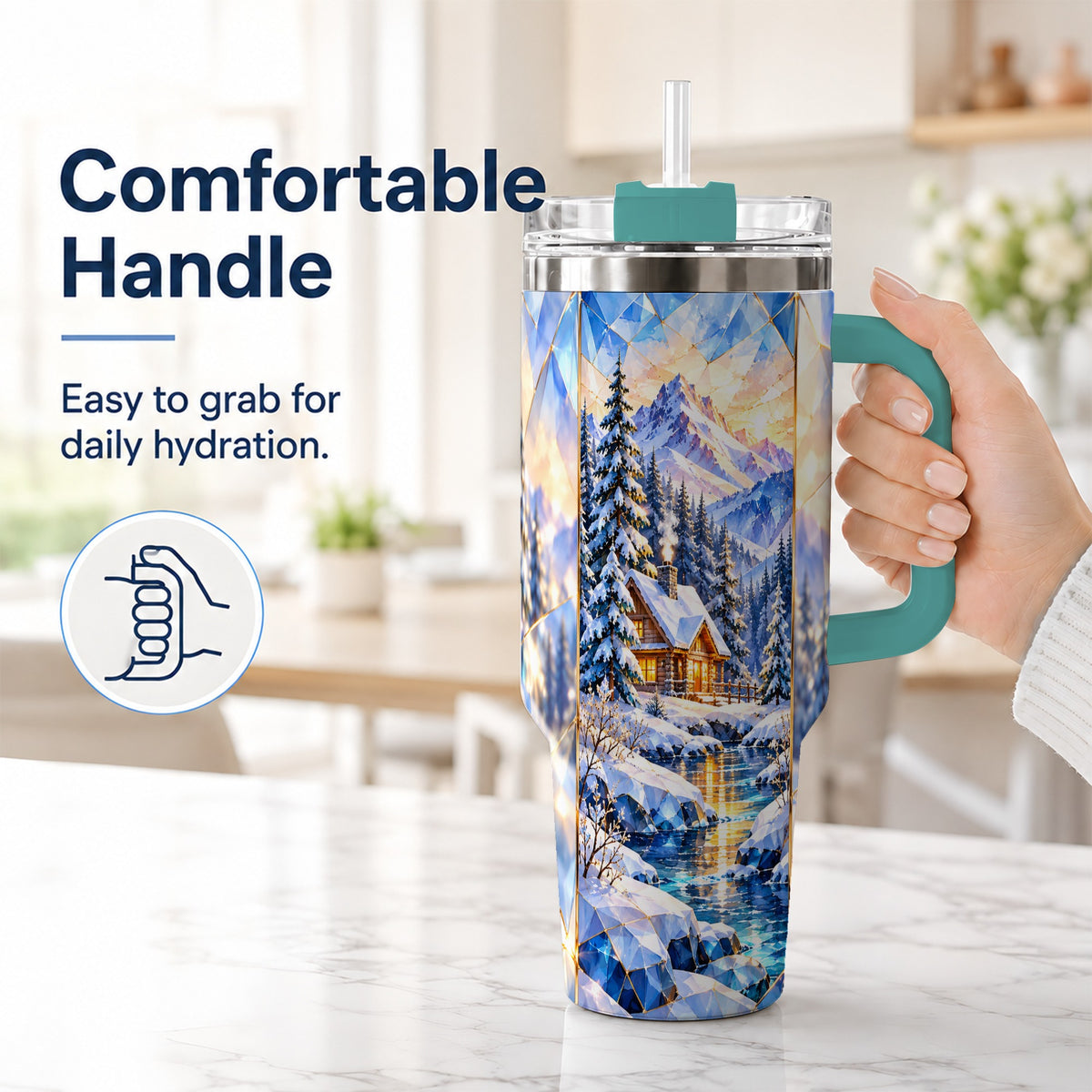 #pl[40oz|Green] Crystal Cabin 40oz Tumbler, Mountain Scene Tumbler, Steel Travel Cup