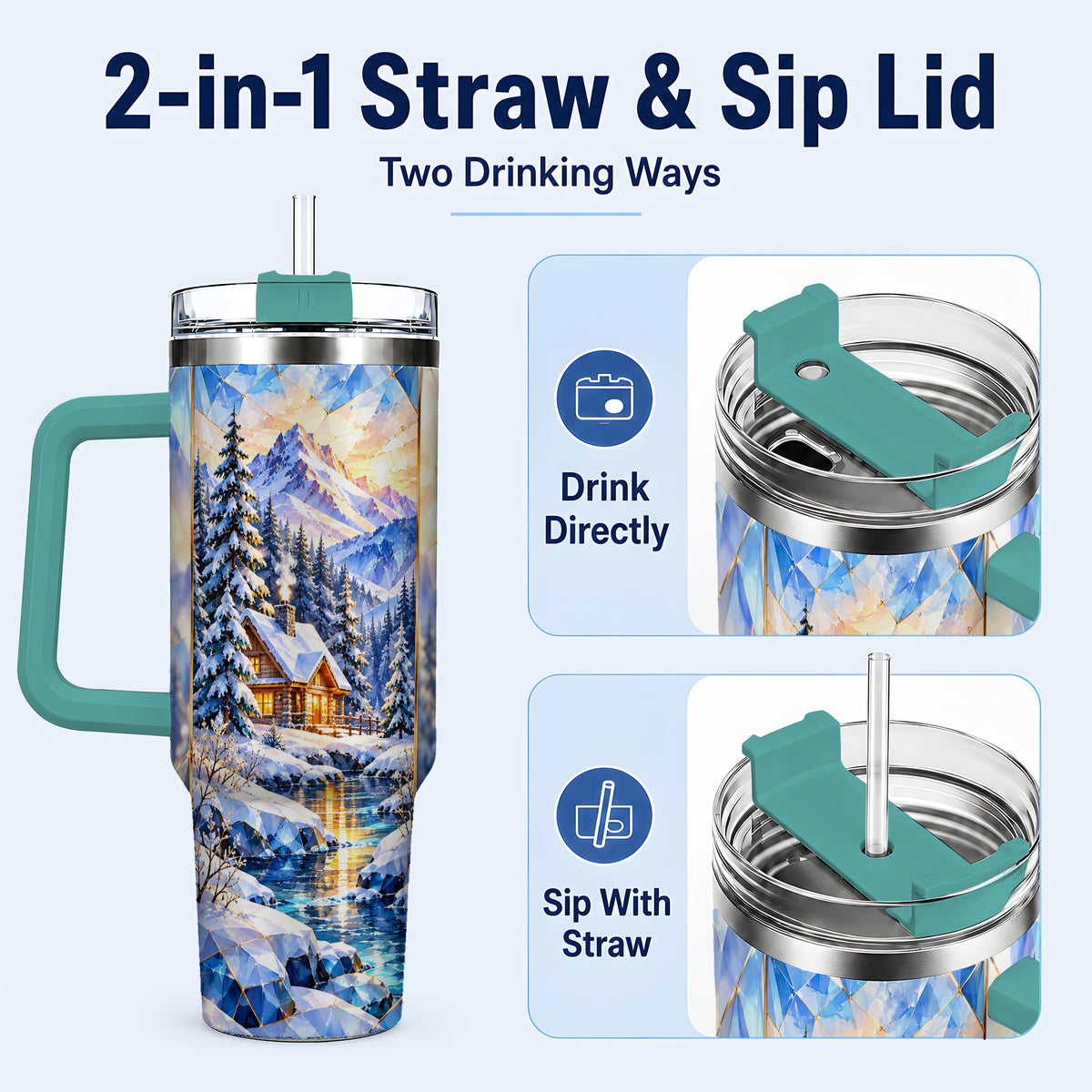 #pl[40oz|Green] Crystal Cabin 40oz Tumbler, Mountain Scene Tumbler, Steel Travel Cup