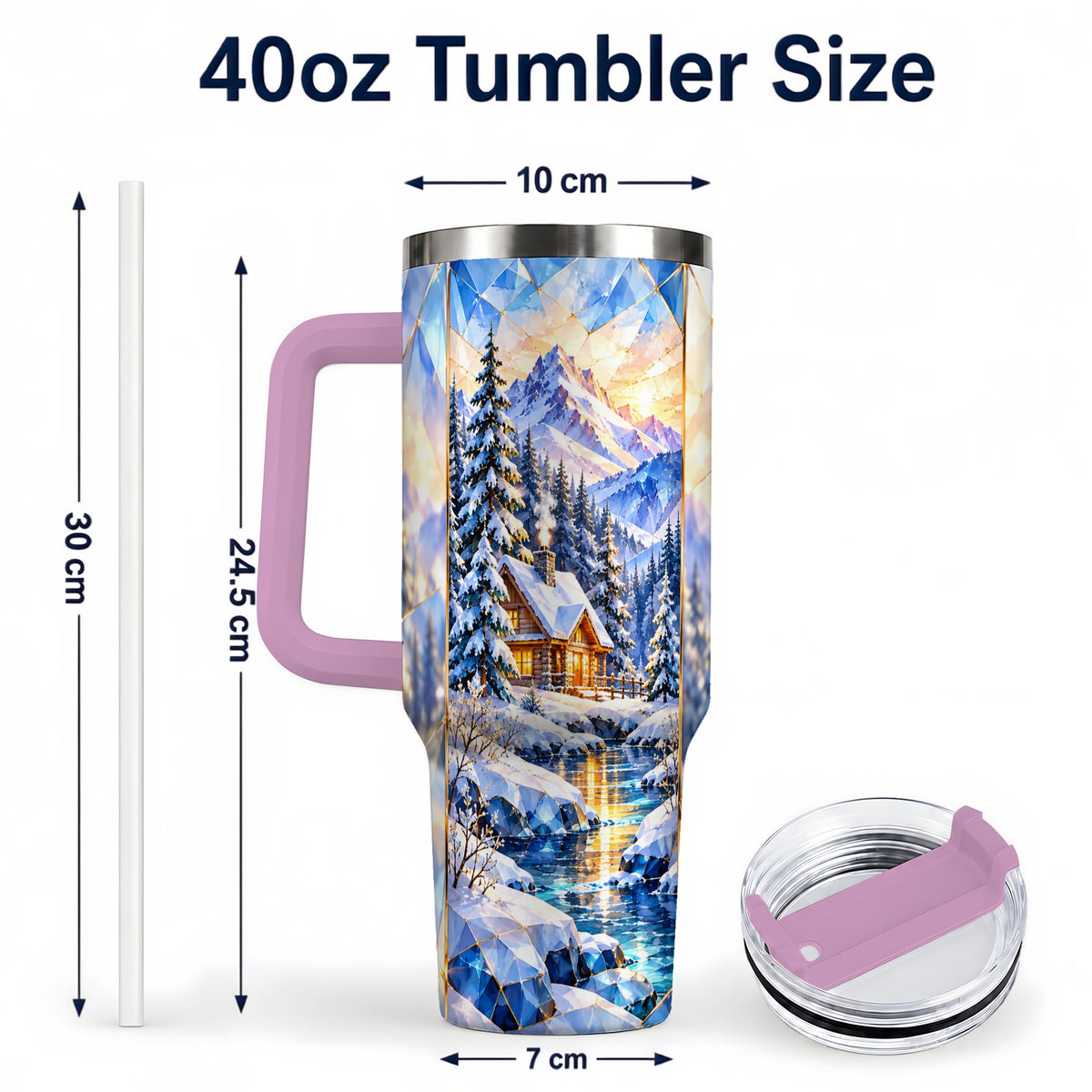 #pl[40oz|Pink] Crystal Cabin 40oz Tumbler, Mountain Scene Tumbler, Steel Travel Cup