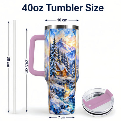 #pl[40oz|Pink] Crystal Cabin 40oz Tumbler, Mountain Scene Tumbler, Steel Travel Cup