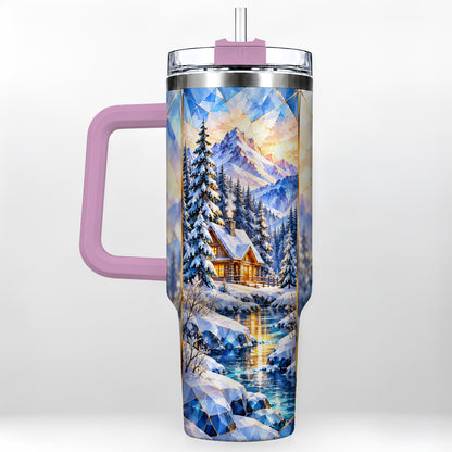 #pl[40oz|Pink] Crystal Cabin 40oz Tumbler, Mountain Scene Tumbler, Steel Travel Cup