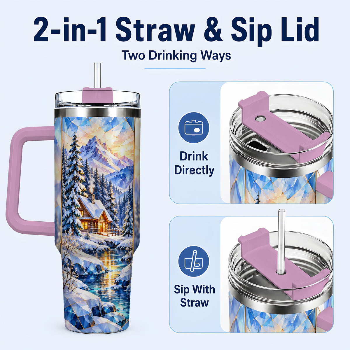 #pl[40oz|Pink] Crystal Cabin 40oz Tumbler, Mountain Scene Tumbler, Steel Travel Cup