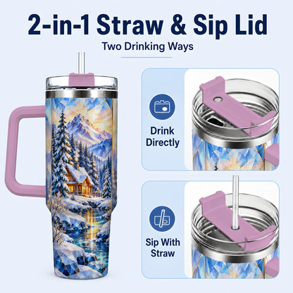 #pl[40oz|Pink] Crystal Cabin 40oz Tumbler, Mountain Scene Tumbler, Steel Travel Cup