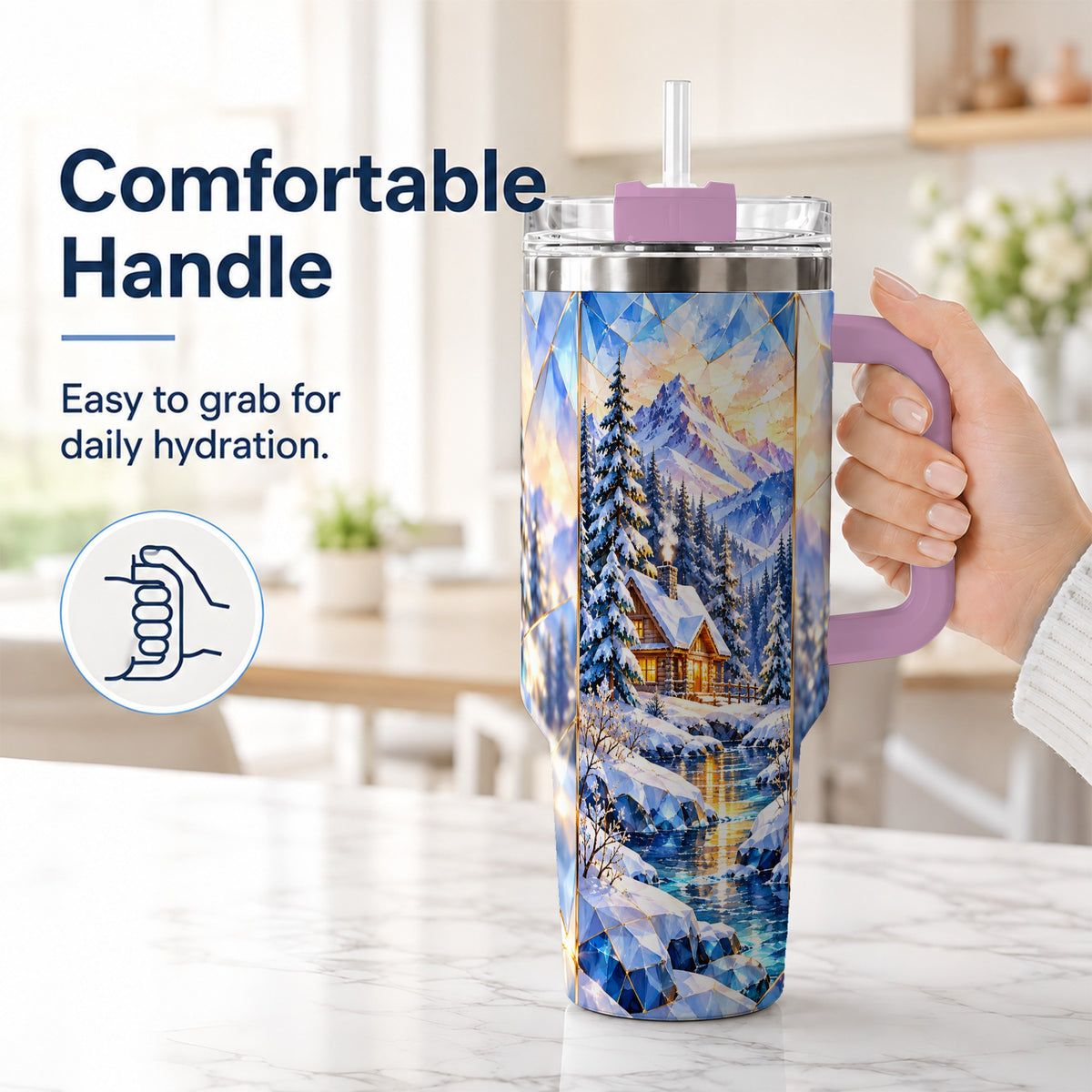 #pl[40oz|Pink] Crystal Cabin 40oz Tumbler, Mountain Scene Tumbler, Steel Travel Cup