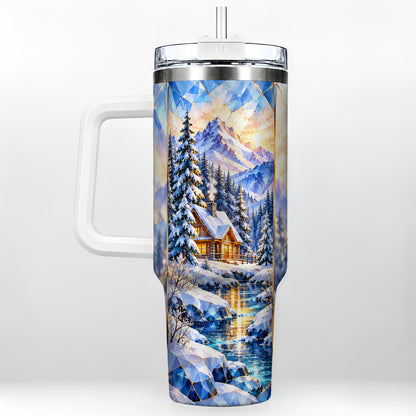 Crystal Cabin 40oz Tumbler, Mountain Scene Tumbler, Steel Travel Cup