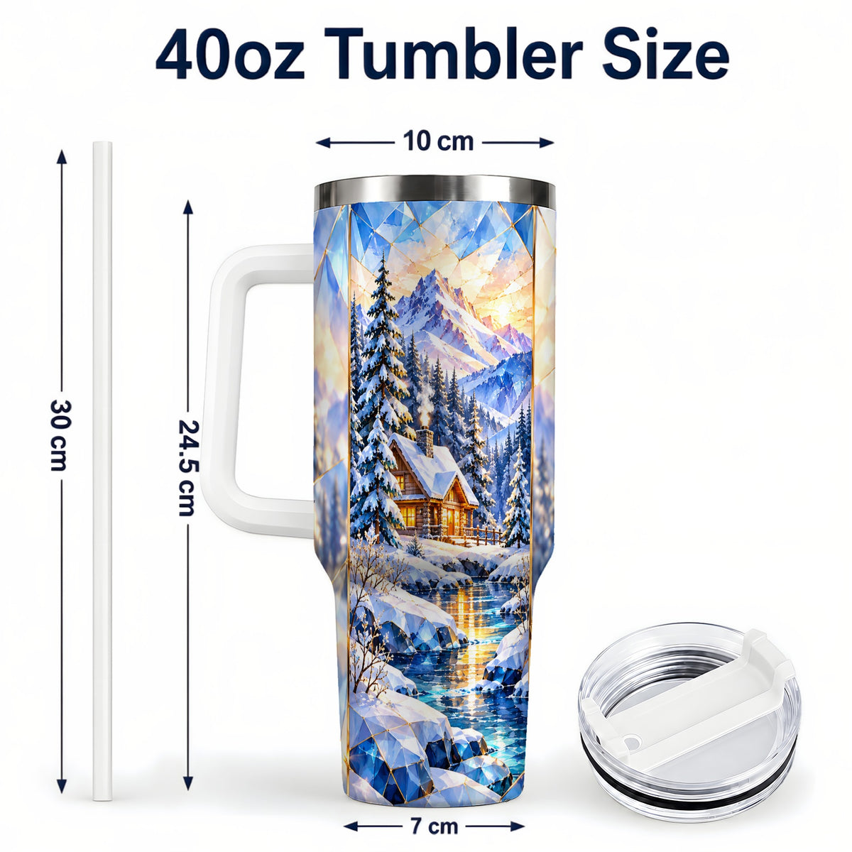 #pl[40oz|White] Crystal Cabin 40oz Tumbler, Mountain Scene Tumbler, Steel Travel Cup