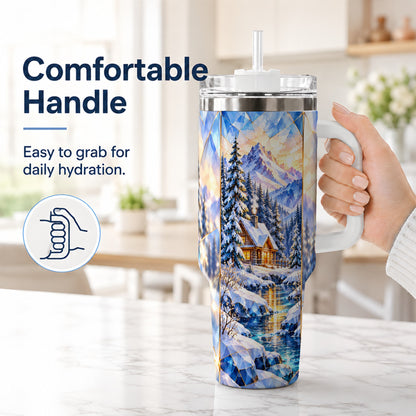 #pl[40oz|White] Crystal Cabin 40oz Tumbler, Mountain Scene Tumbler, Steel Travel Cup
