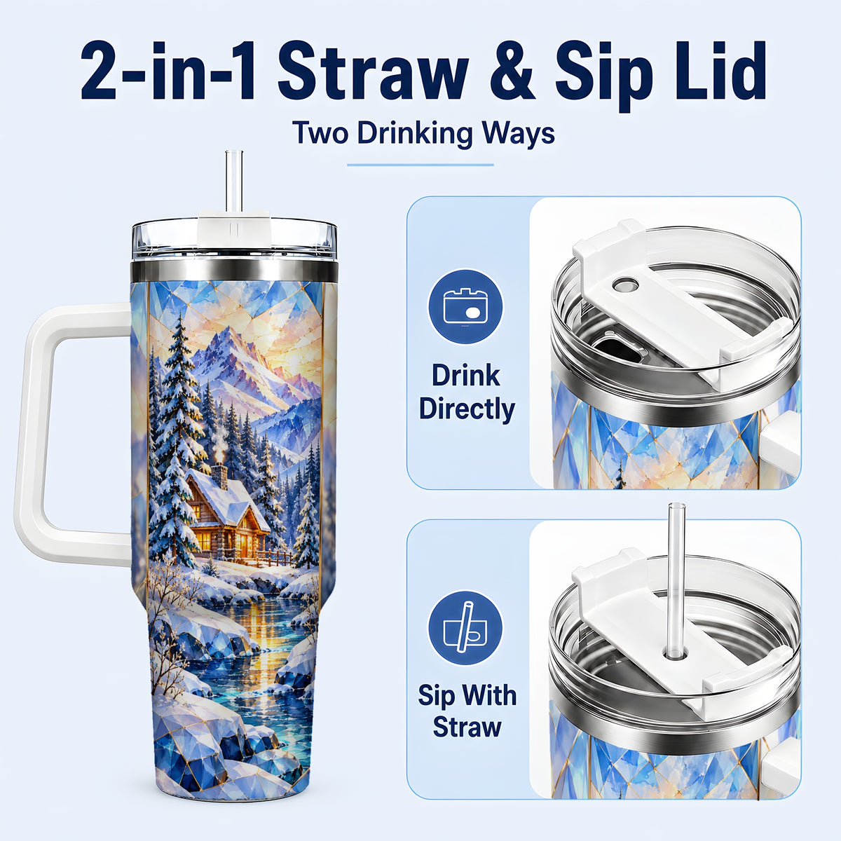 #pl[40oz|White] Crystal Cabin 40oz Tumbler, Mountain Scene Tumbler, Steel Travel Cup