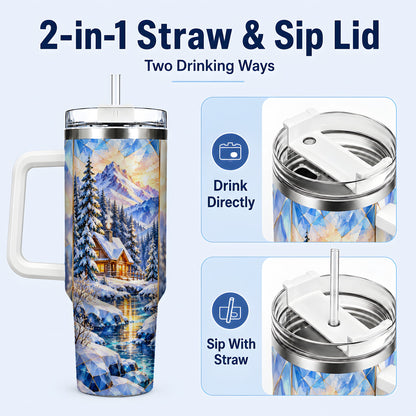 #pl[40oz|White] Crystal Cabin 40oz Tumbler, Mountain Scene Tumbler, Steel Travel Cup