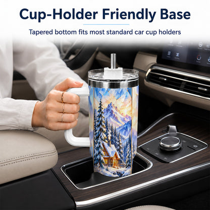 Crystal Cabin 40oz Tumbler, Mountain Scene Tumbler, Steel Travel Cup