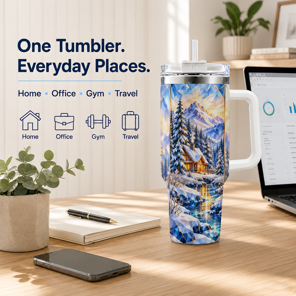 Crystal Cabin 40oz Tumbler, Mountain Scene Tumbler, Steel Travel Cup