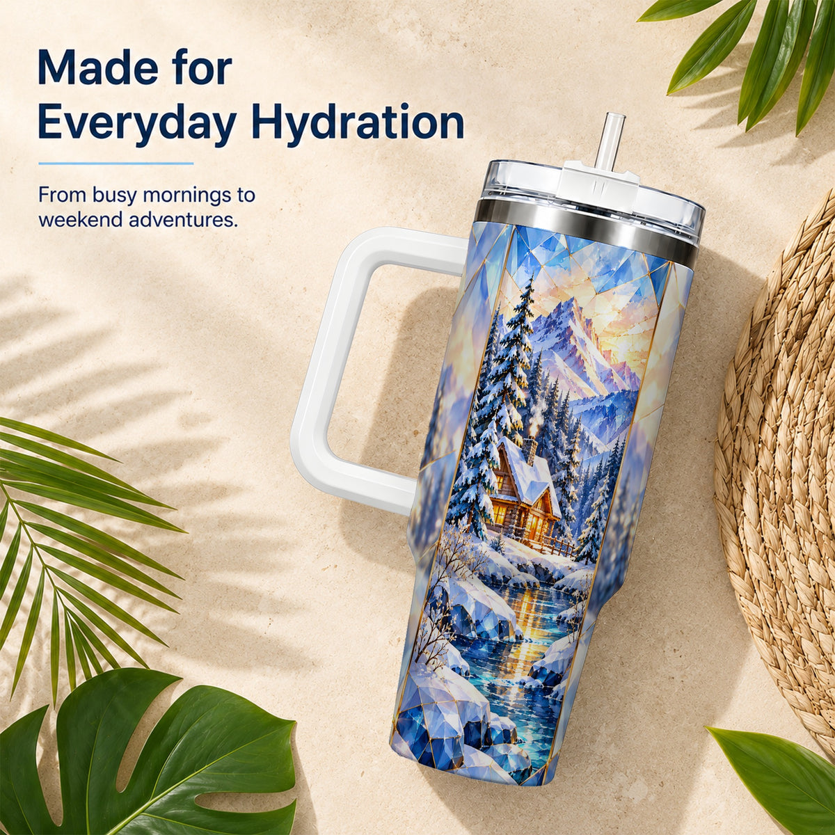 Crystal Cabin 40oz Tumbler, Mountain Scene Tumbler, Steel Travel Cup
