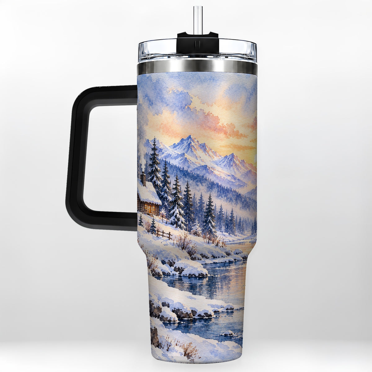 #pl[40oz|Black] Watercolor Cabin 40oz Tumbler, Winter Mountain Tumbler, Steel Travel Cup