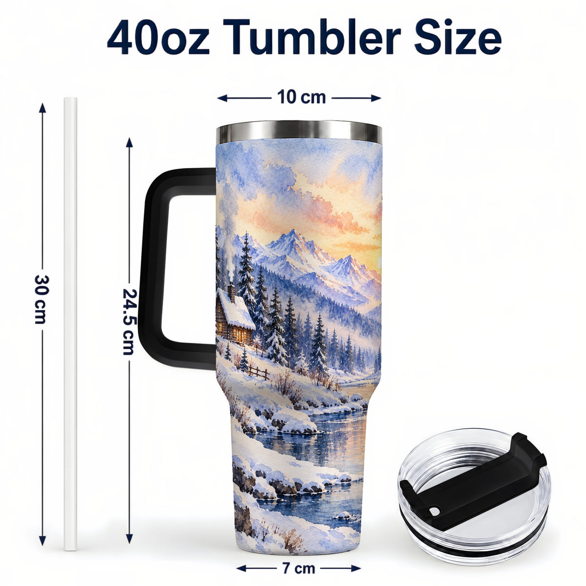 #pl[40oz|Black] Watercolor Cabin 40oz Tumbler, Winter Mountain Tumbler, Steel Travel Cup