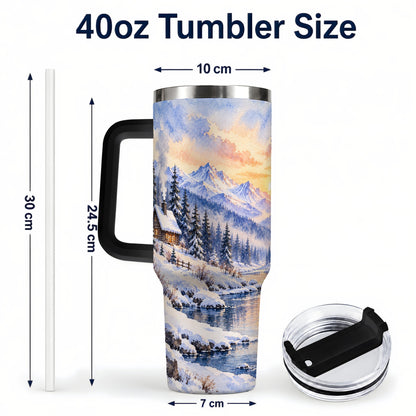 #pl[40oz|Black] Watercolor Cabin 40oz Tumbler, Winter Mountain Tumbler, Steel Travel Cup