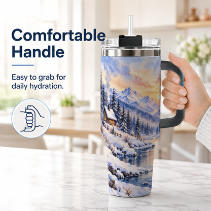 #pl[40oz|Black] Watercolor Cabin 40oz Tumbler, Winter Mountain Tumbler, Steel Travel Cup