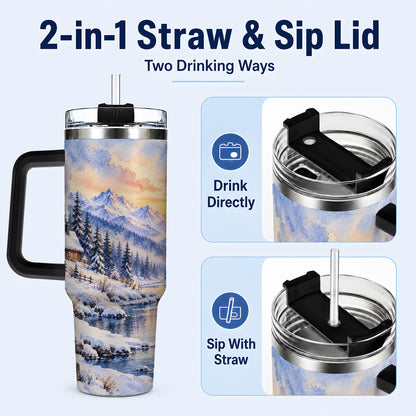 #pl[40oz|Black] Watercolor Cabin 40oz Tumbler, Winter Mountain Tumbler, Steel Travel Cup