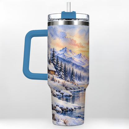 #pl[40oz|Blue] Watercolor Cabin 40oz Tumbler, Winter Mountain Tumbler, Steel Travel Cup