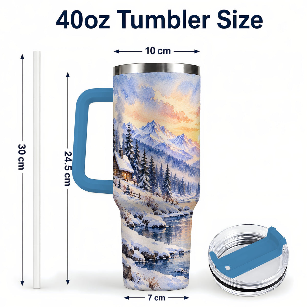 #pl[40oz|Blue] Watercolor Cabin 40oz Tumbler, Winter Mountain Tumbler, Steel Travel Cup