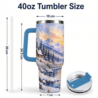 #pl[40oz|Blue] Watercolor Cabin 40oz Tumbler, Winter Mountain Tumbler, Steel Travel Cup