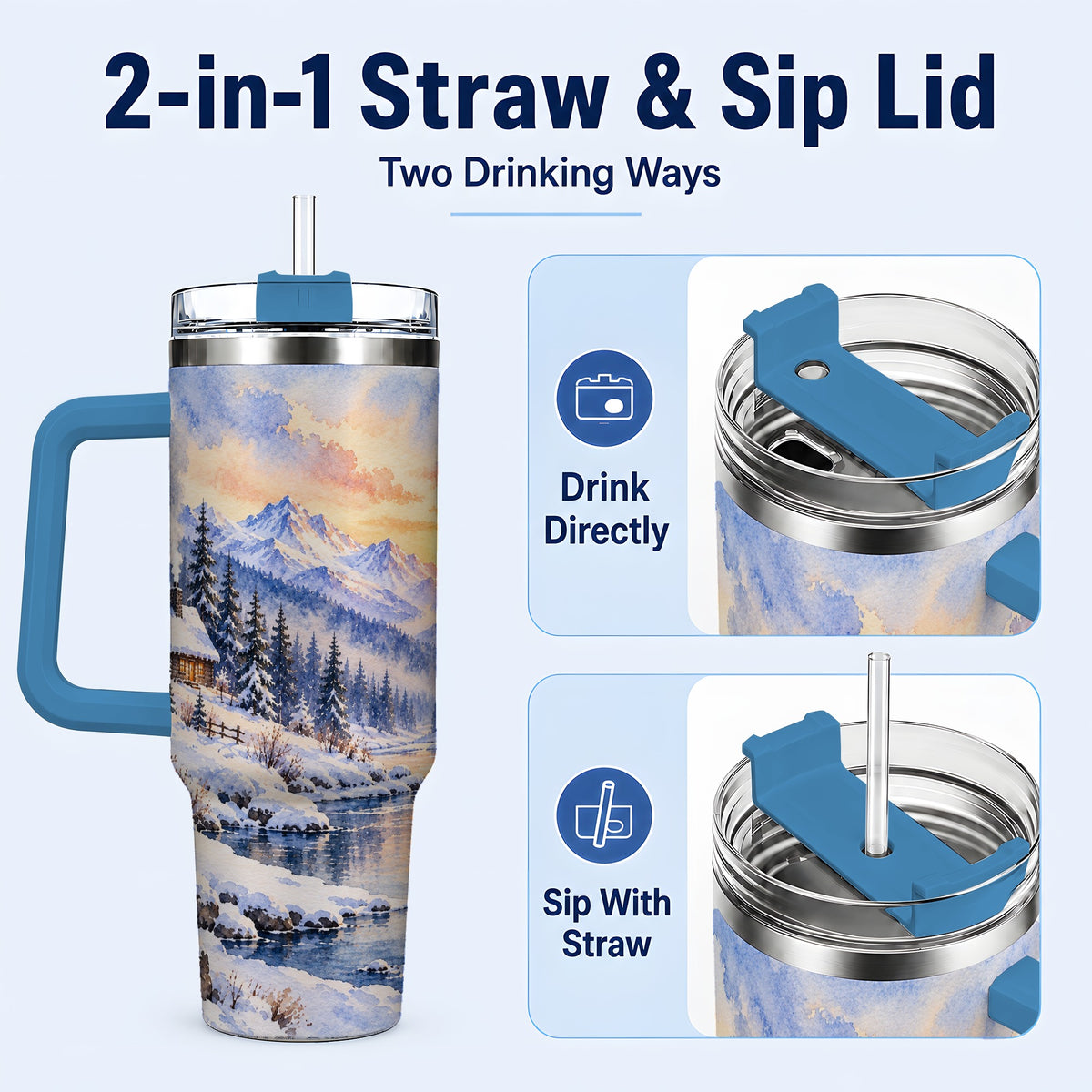 #pl[40oz|Blue] Watercolor Cabin 40oz Tumbler, Winter Mountain Tumbler, Steel Travel Cup