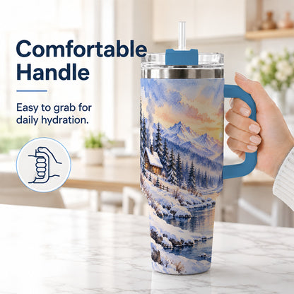 #pl[40oz|Blue] Watercolor Cabin 40oz Tumbler, Winter Mountain Tumbler, Steel Travel Cup