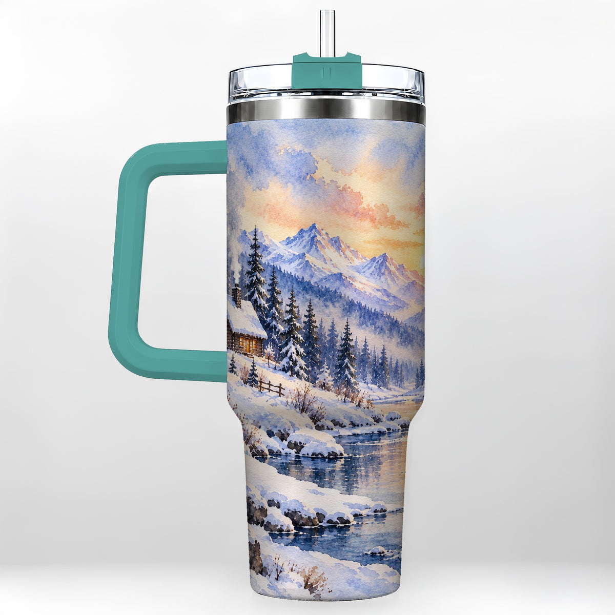 #pl[40oz|Green] Watercolor Cabin 40oz Tumbler, Winter Mountain Tumbler, Steel Travel Cup